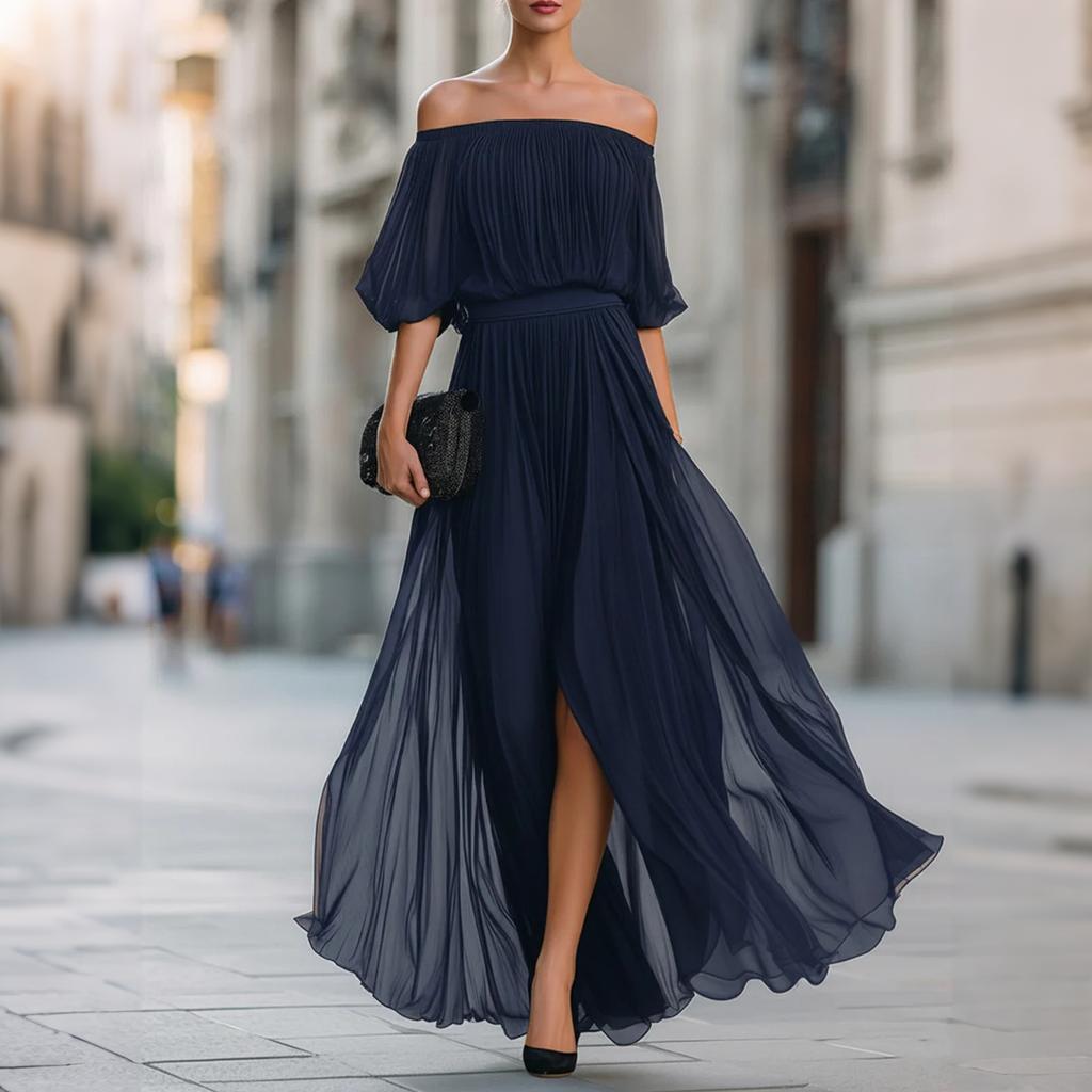 Off Shoulder Pleated Chiffon Maxi Dress for Women Elastic Waist Half Sleeve Long Evening Gown with Slit