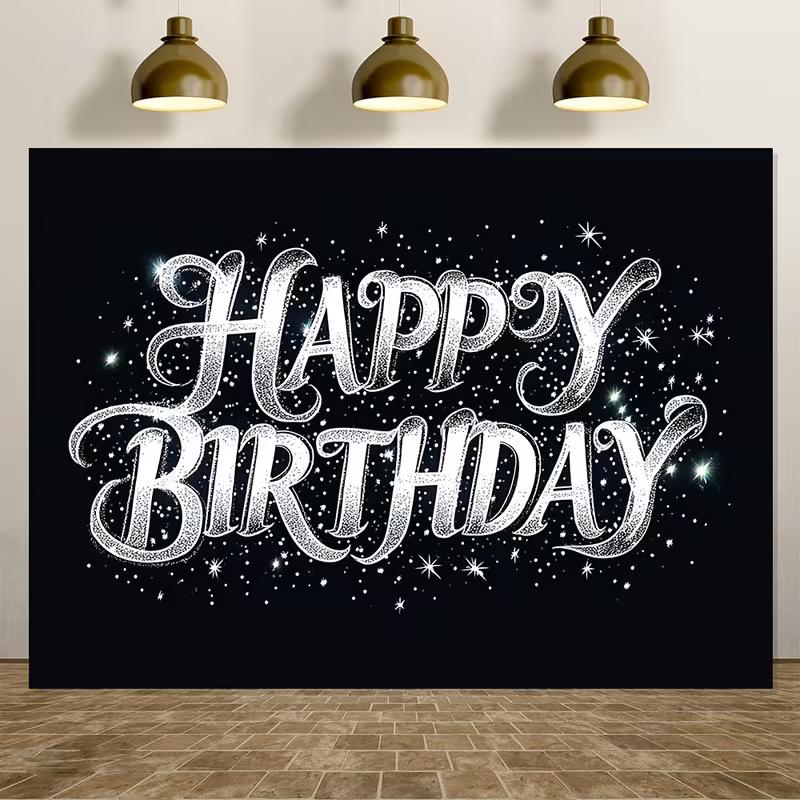 Black Background with Silver Glitter "Happy Birthday" for Live Stream and Video Call
