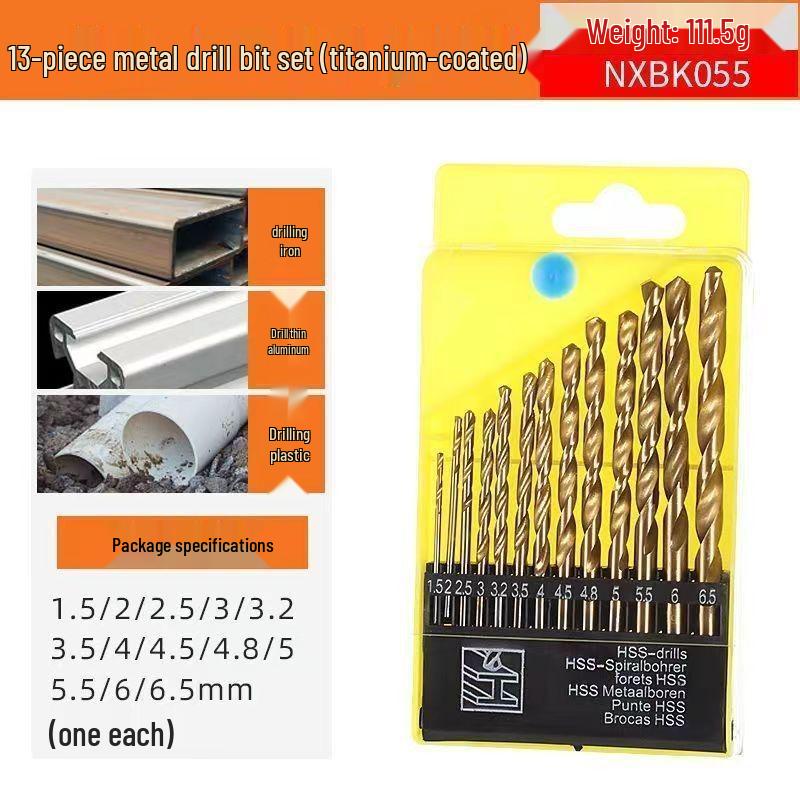 13-Piece High-Speed Steel Titanium Coated Stainless Steel Drill Bit Set