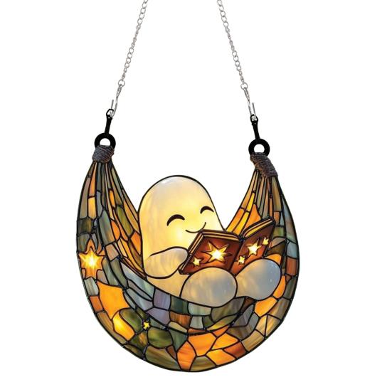 Halloween Reading Ghost Suncatcher Decoration Hanging Chair Cartoon Ghost Stained Glass 2D Flat Acrylic Wall Window Hanging Sign Ornament