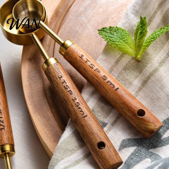 Durable Baking Tools 4Pcs Gold-Plated Stainless Steel Measuring Spoons & Cups Set, Precision with Kitchen Spoon Set Wood Handle, Nested Food Grade Kit