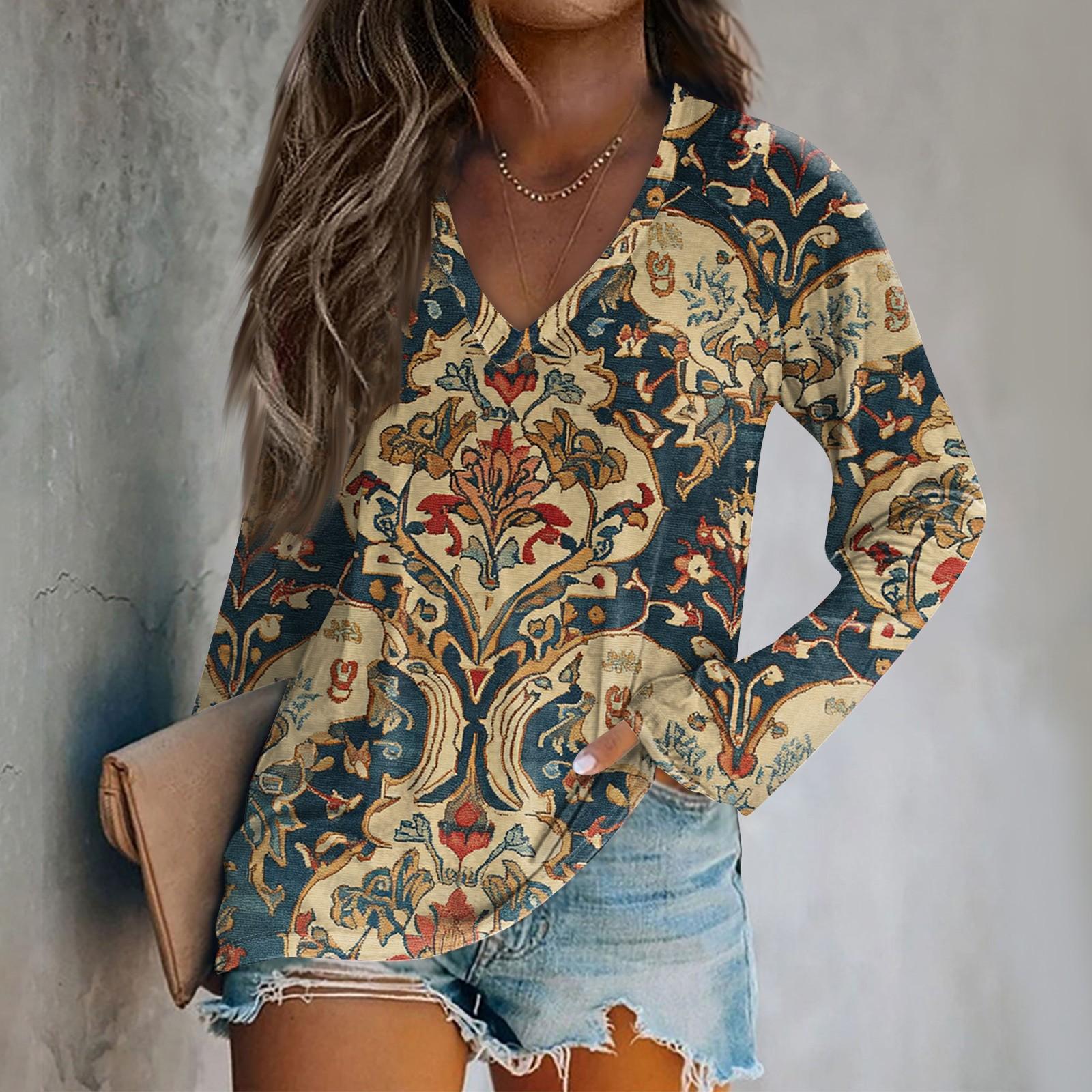 Women s Long Sleeve Plunger Sleeve Vintage Printed Casual Top T-Shirt L армия зеленый