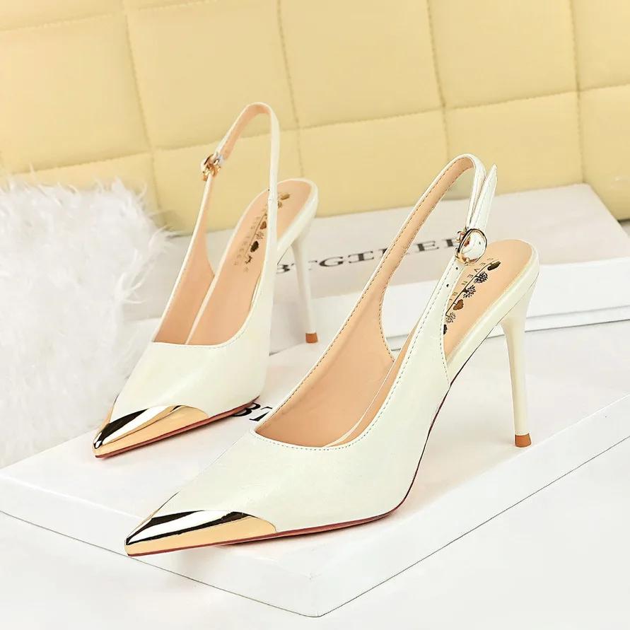 Fashion New Women 9.5 Cm Heels Metal Pointed Tip Women Pumps Hollow Out Hook Strap High Heeled Sandals Women Summer Shoes Plus Size 43