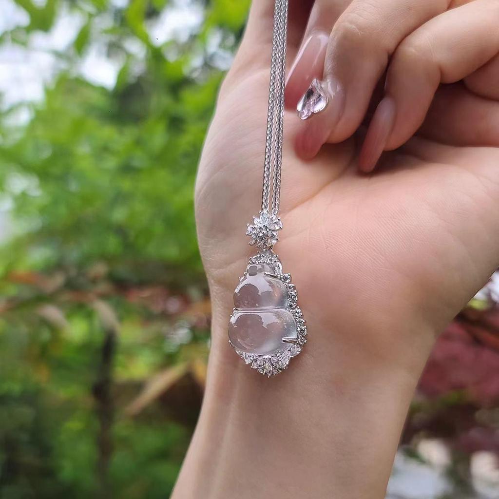 Pure Silver S925 Natural Mizzonite Jade Gourd Pendant Necklace - High Ice Variety for Women, with Chinese Style Fu Lu Charm