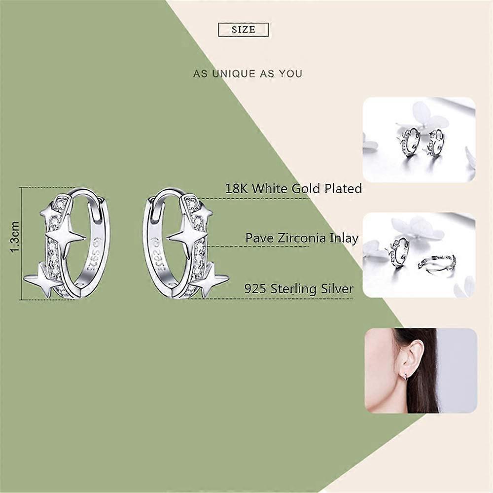 Star Cubic Zirconia Huggie Hoop Earrings for Women Teen Girls Sterling Silver Constellation Cartilage Cute Charms CZ Sleeper Small Hoop Dainty Stars E