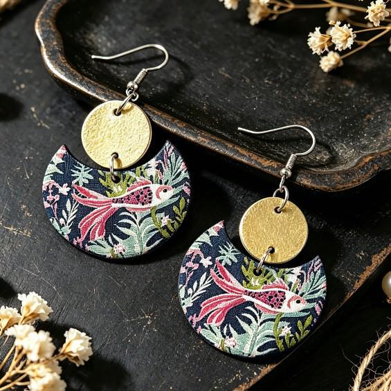 Vintage Black and Gold Floral Wooden Earrings: Round Leather Tree Design for Women