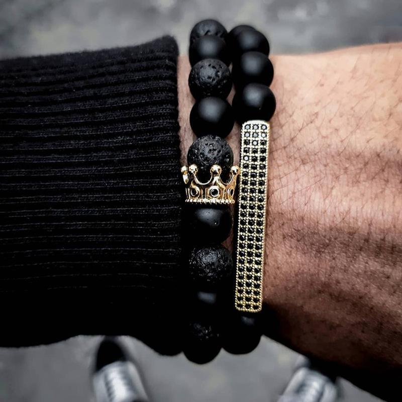 Vintage Schwarzes Mattes Armband Zirkon Krone Diamant Kugel Würfel Löwenkopf Perlenarmband Set