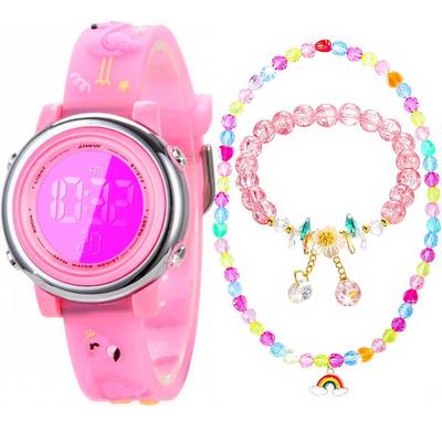 Girls' Digital Watch, Kids' 7 Color LED, Waterproof, Stopwatch, Alarm, Jewelry Set with Necklace, Bracelet, Stickers, Gift, Present (Flamingo Pink)