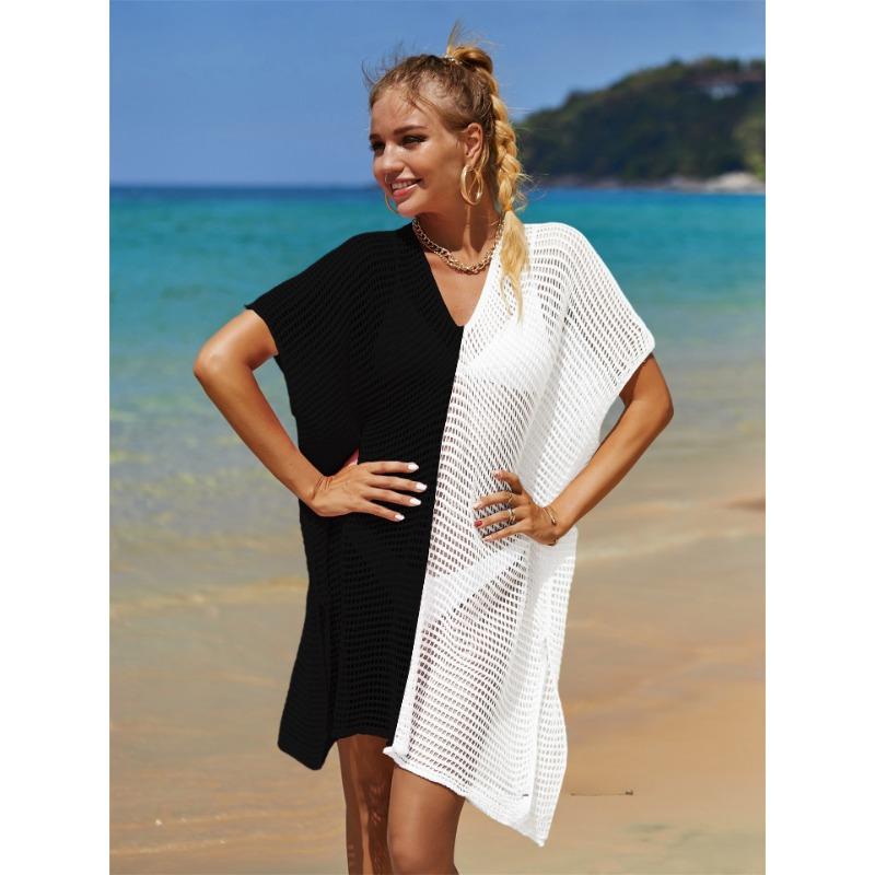 

Летние женские пляжные накидки больших размеров с открытой вязаной бахромой, праздничная верхняя рубашка бикини One Size чёрный/белый