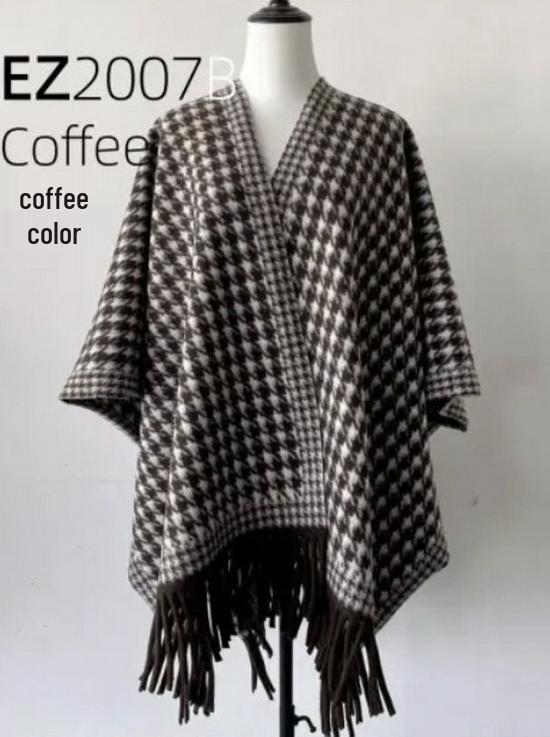 Trendy Imitation Cashmere Houndstooth Plaid Cape Scarf with Tassels for Autumn/Winter