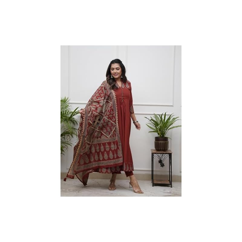 Anni Designer WomenS Rayon Viscose Anarkali Printed Kurta Pant With Dupatta (Chami MaroonVks0 Maroon XxLarge)