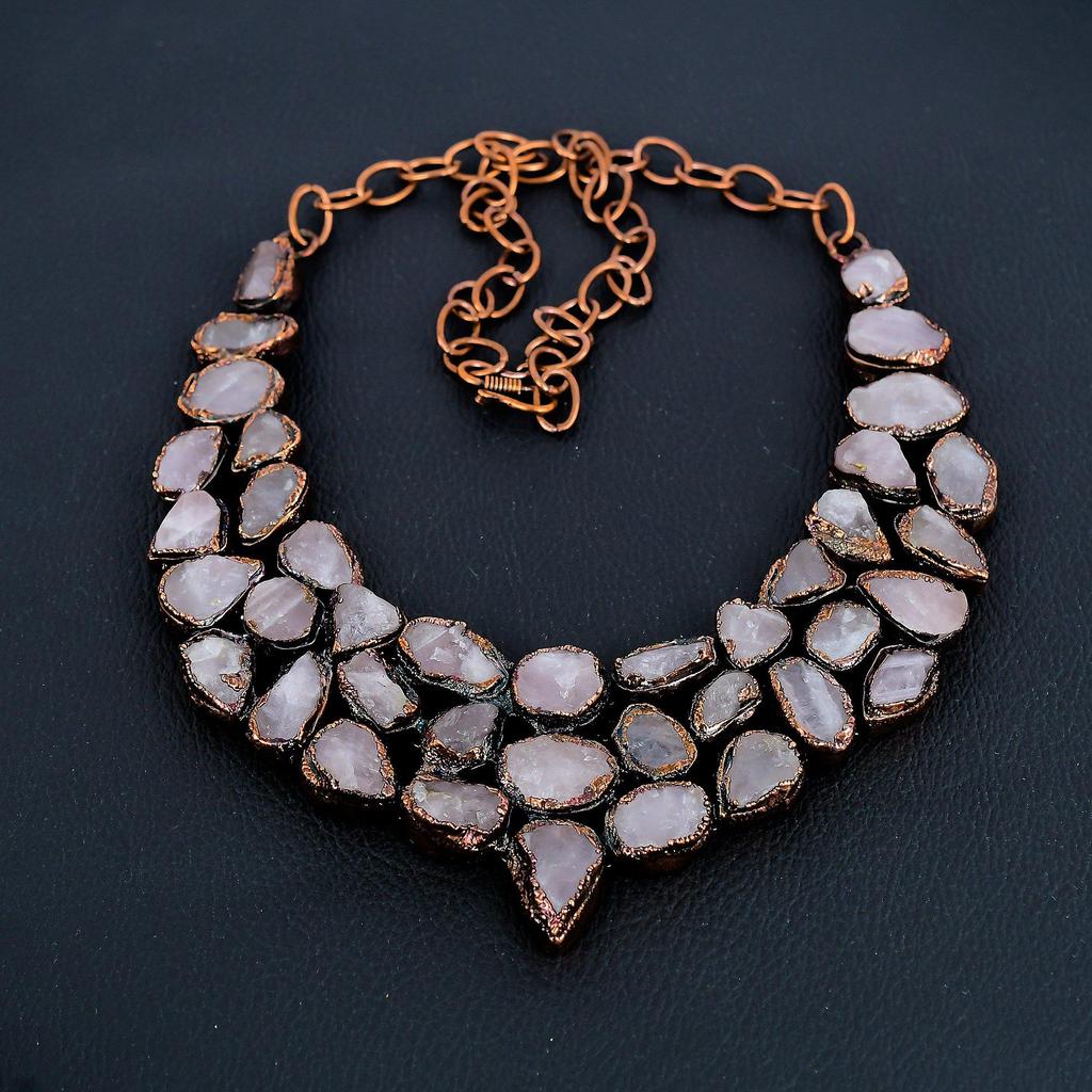 Collier Bijou Quartz Rose Fait Main Dernier Design, Collier Pierre Précieuse Cuivre Électroformé, Cadeau Pour Mère