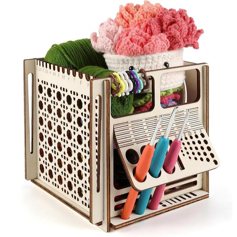 Multi Functional Wooden Yarn Holder for Crocheting,Knitting Bowl with Holes,Crochet Supplies Scissors and Yarn Storage Organizer Toolbox