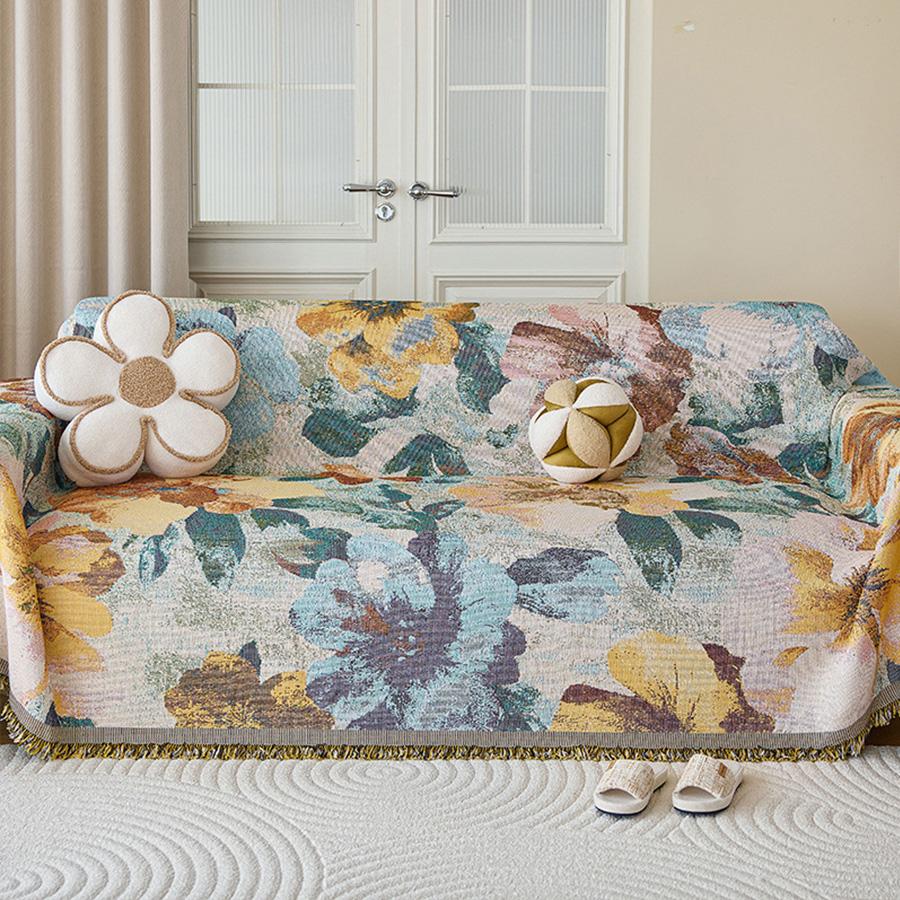 1pc Floral Pattern Sofa Towel INS Style All-cover Sofa Throw Blanket With Tassels Four Seasons Universal Couch Protector