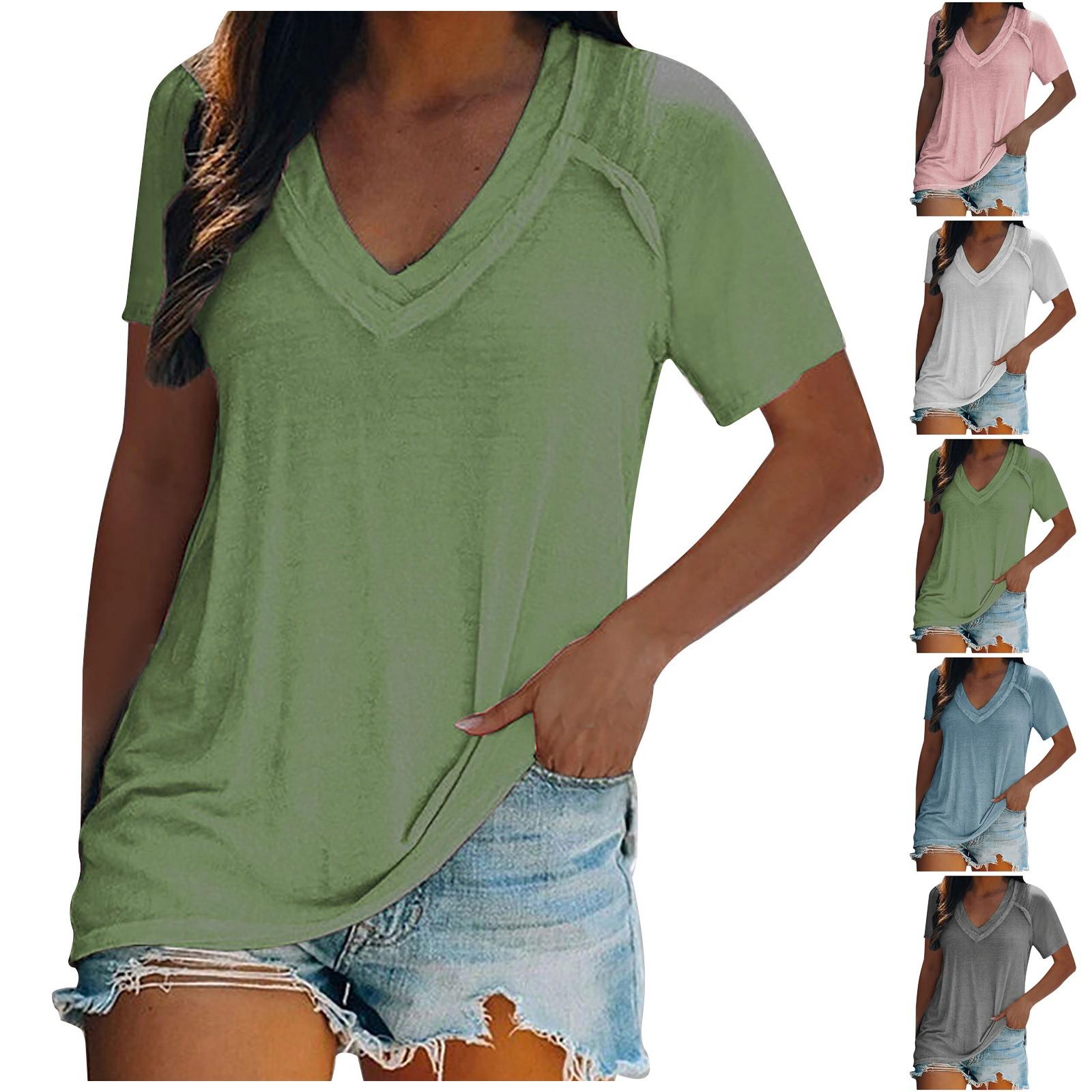 

Женские летние свободные однотонные футболки с короткими рукавами и v-образным вырезом, топы