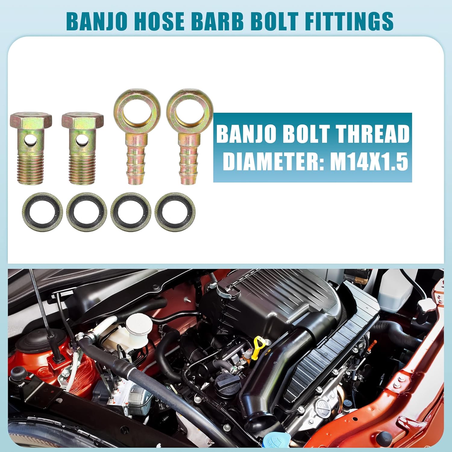 Banjo Bolt M14x1.5 10mm Banjo Hose Barb Bolt Fittings Brake Line Fitting Adapter with Copper Washers for Motorcycle Car (Set of 2)