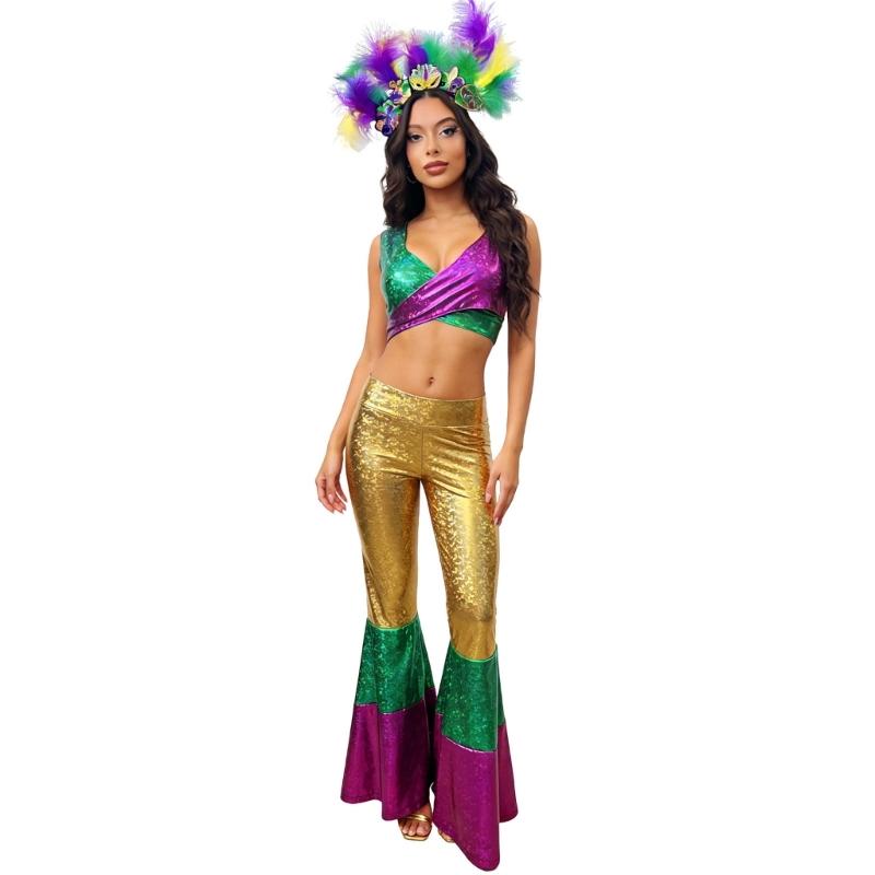 Disco Party Costume Set With Fashion Polyester Halloween Dance Costume And Matching Headpiece For Women