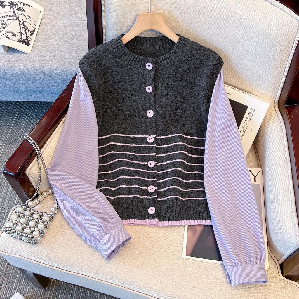 Patchwork Faux Two-Piece Round Neck Knit Sweater - Women's Versatile Short Top for Spring 2026