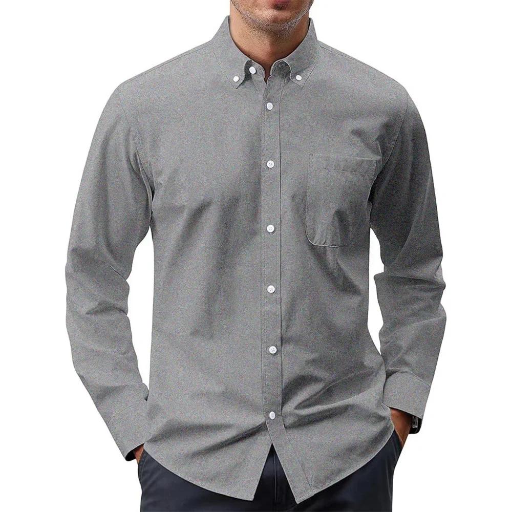 Men's Long Sleeve Shirts Solid Color Oxford Shirt Men's Button Up Shirt Pockets Men Shirts Business Dress Shirt