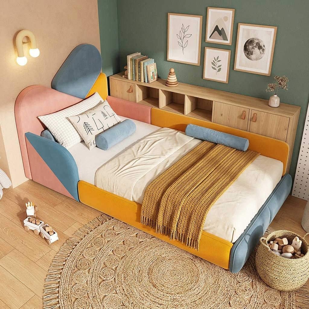 Children's Upholstered Bed 90x200 cm, multicolor with raised side protection, soft with padded headboard and fall protection for children's room