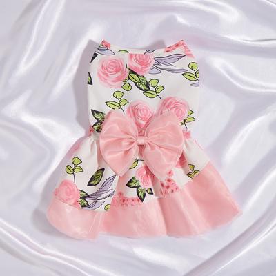 Hunde-Prinzessinnenkleid, elegante Haustierkleidung mit Schleife, rosa Prinzessinnenkleidung, Welpen, Blumenmuster, Tüll, Haustier, Frühling, Sommer, Partykleider für kleine