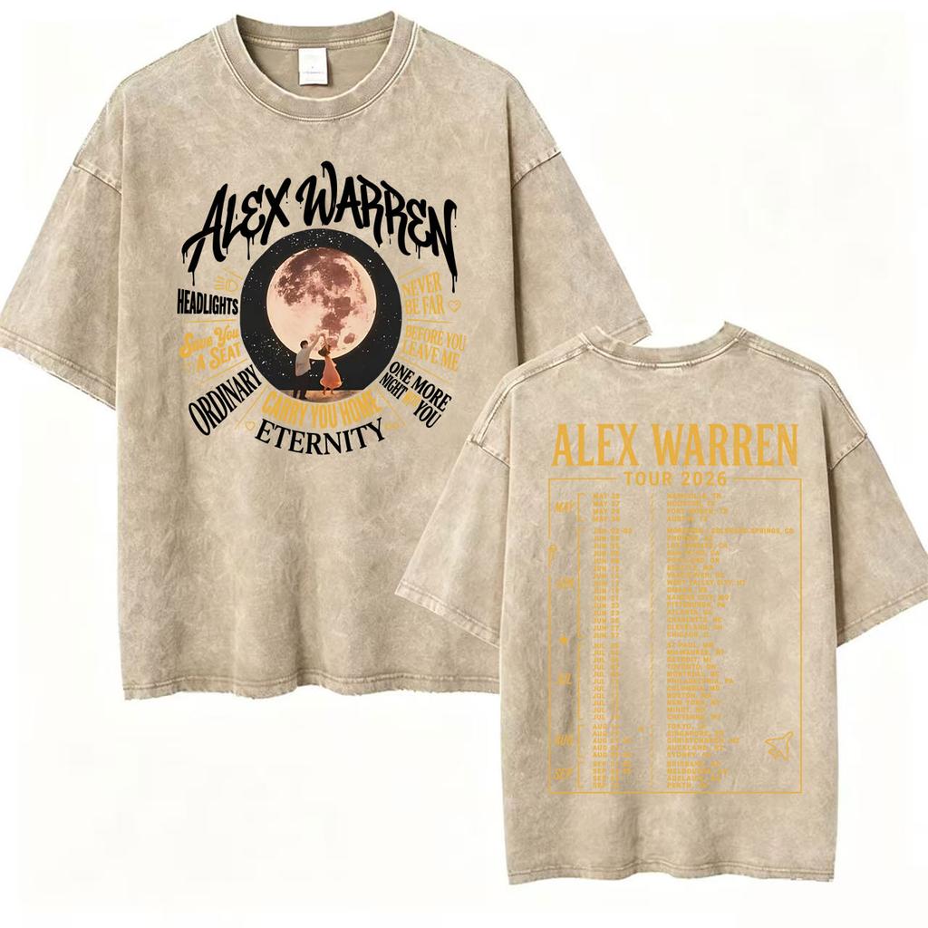 Alex Warren Moon Kunstwerk Musiktour 2026 Vintage Washed T-Shirt Herren Damen Mode Punk Hip Hop T-Shirts Sommer Oberteile Lockeres T-Shirt