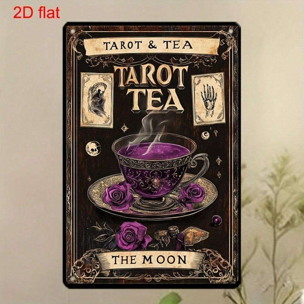 1pc Vintage Tarot & Tea Metal Tin Sign, 2D Flat Mystical Wall Art, Pre-Drilled Holes, 7.9x11.8in Indoor/Outdoor Decor