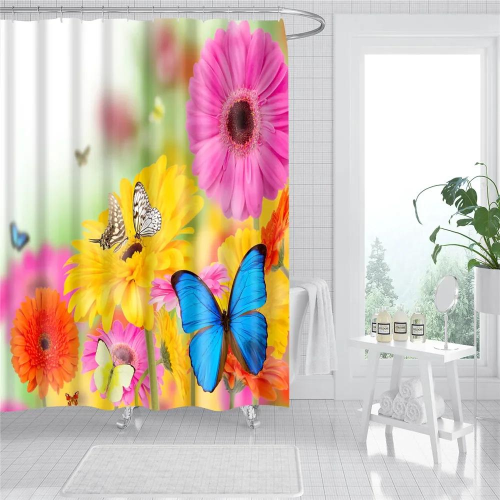 Rose Plum Blossom Flowers Print Waterproof Shower Curtain Washable Fabric Bath Curtain Home Bathroom Curtains With 12 Hooks