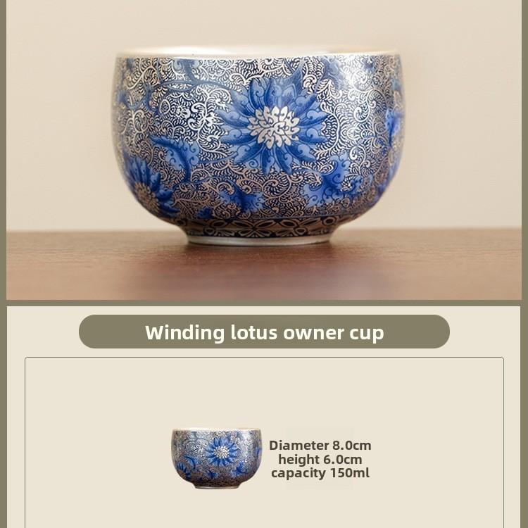 Silver Gilded Blue White Tea Cup Hand Painted Lotus Ceramic Gongfu Set Personal Master Cup Home Use Zen Decor Gift