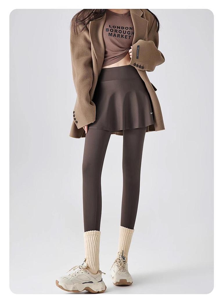 Women's Fleece-Lined Two-Piece Yoga Pants & Skirt - High-Waisted, Thickened for Slimming, Ideal for Autumn/Winter Fitness & Outerwear.