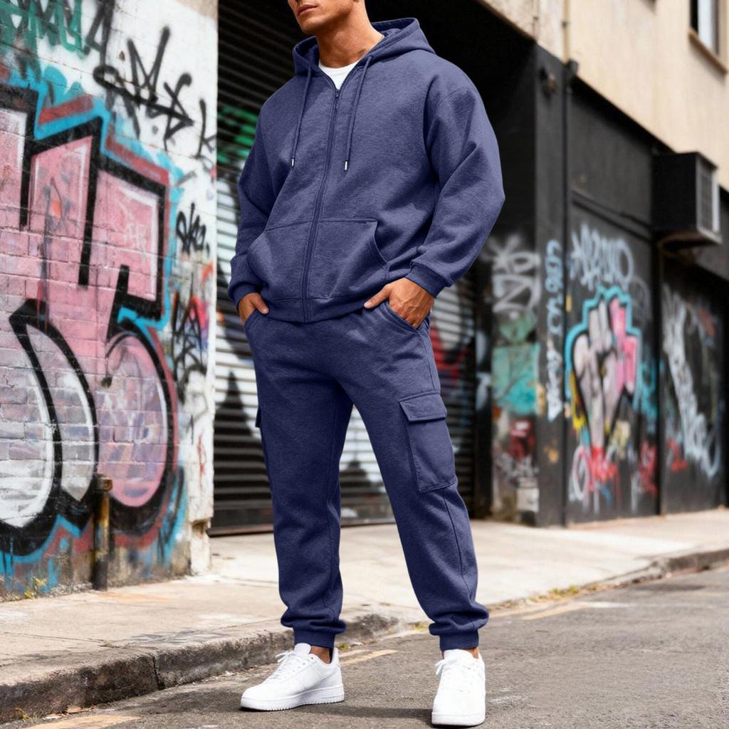 Men's Fleece-Lined Thermal Two-Piece Tracksuit | Color Hooded Sweatshirt Jacket & Elastic Waist Cargo Joggers For Casual Outdoor