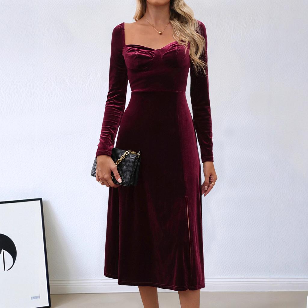 Burgundy Velvet Midi Dress Square Neck Long Sleeve Side Slit Elegant Wine Red Velour Gown Autumn Winter Vintage Evening Party Formal Cocktail Dress