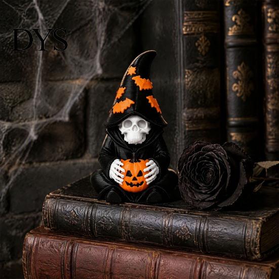 Mysterious Bookshelf Ornaments Halloween Skeleton Wizard Figurine, 3D Printed Gothic Statue with Retro Home Decor Pumpkin& Bat Hat, And Tabletop