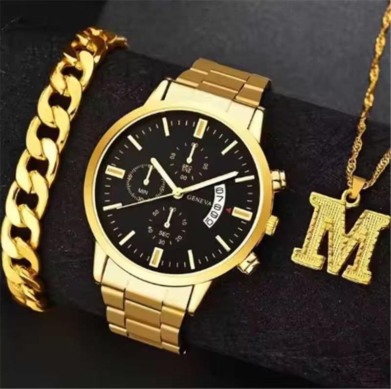 Men S Casual Trend Business Fake Three-Eye Calendar Quartz Watch + Bracelet + Necklace (3Pcs/Set) Men S Watch
