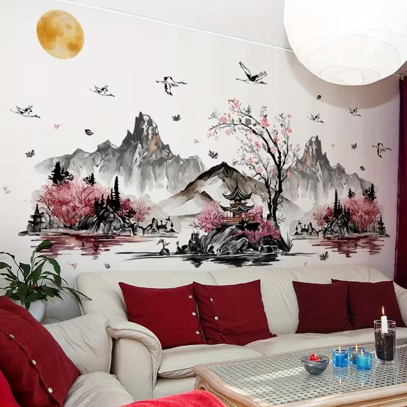 Creative Ink Painting Realistic Landscape Wall Stickers, Home Decoration And Beautification Stickers, Self-Adhesive