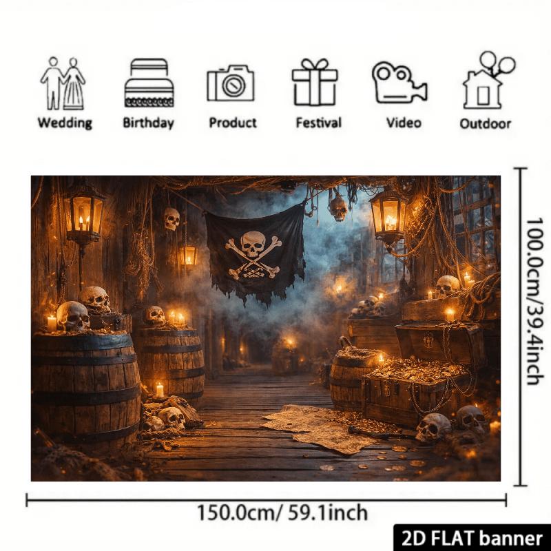 Washable 2D flat skull pirate-themed background fabric including skull flags barrel skulls treasure chests bones and oil