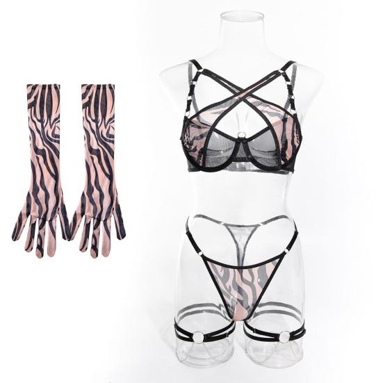 1 Set Damen Unterwäsche Set Inklusive Handschuhe und Oberschenkelringe Kettendekor Herzprint G-String Ausgeschnitten Verstellbares Kreuz