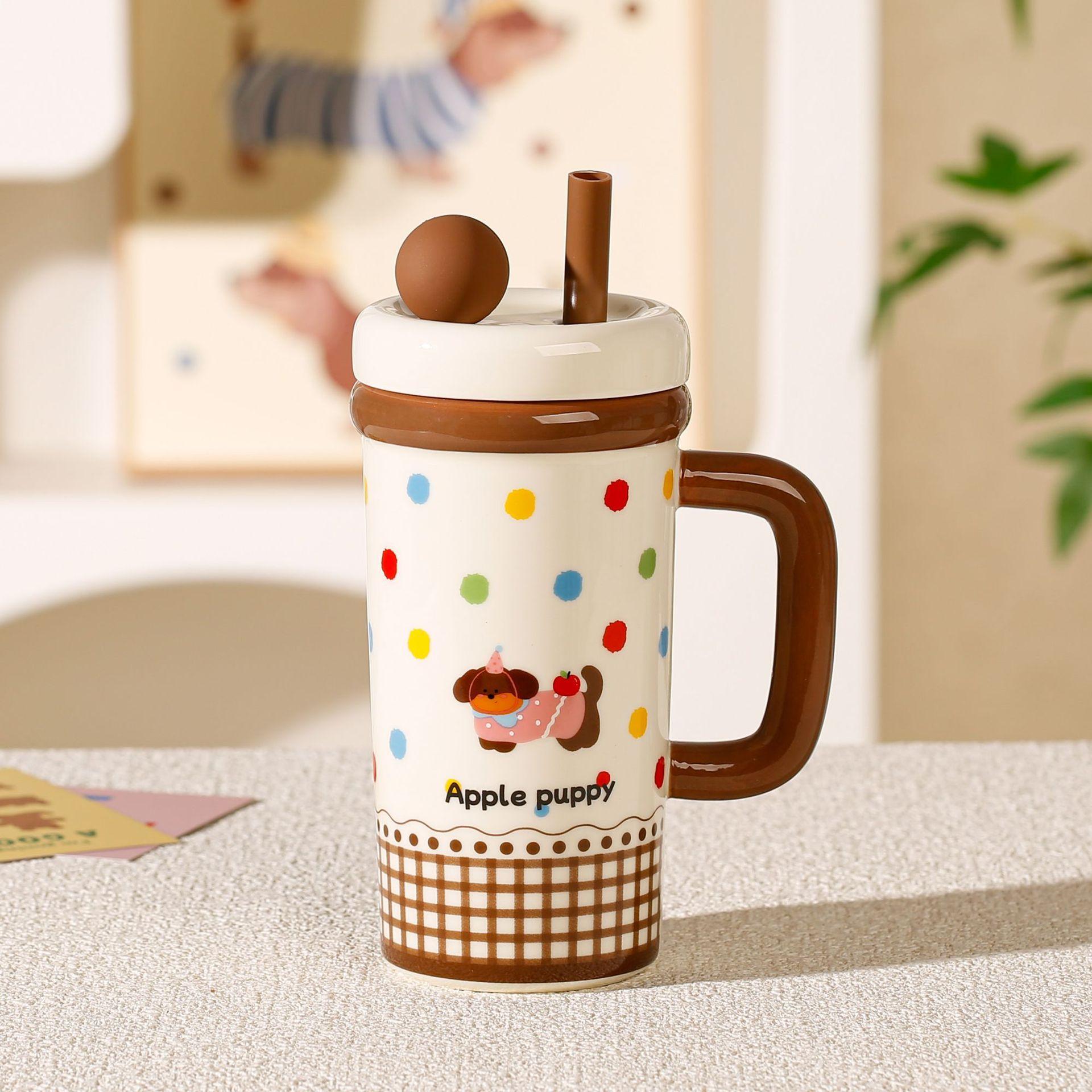

Large Capacity Summer New Straw Cup Ceramic Kettle Cup with Lid Cartoon Mug Water Cup 701mL -800mL