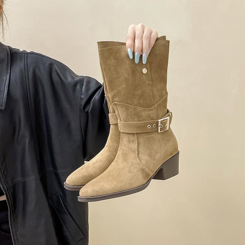 Retro round head belt buckle medium boots thick heel 2025 autumn and winter new thick sole, thin and high western cowboy boots casual