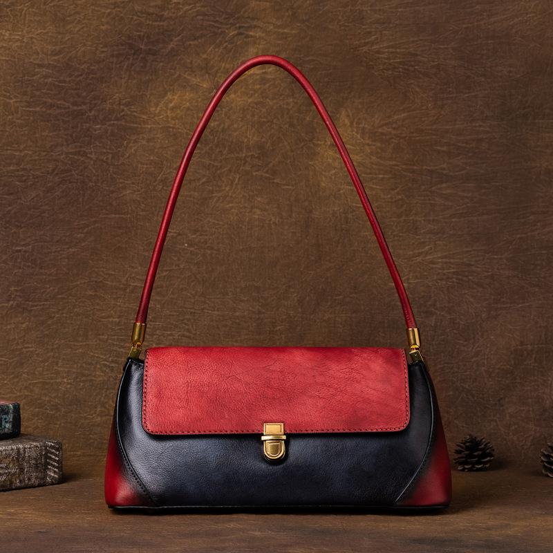 Underarm Baotou Layer Leather Countercolor Handbag Retro Simple Baguette Bag Retro Women's Bag