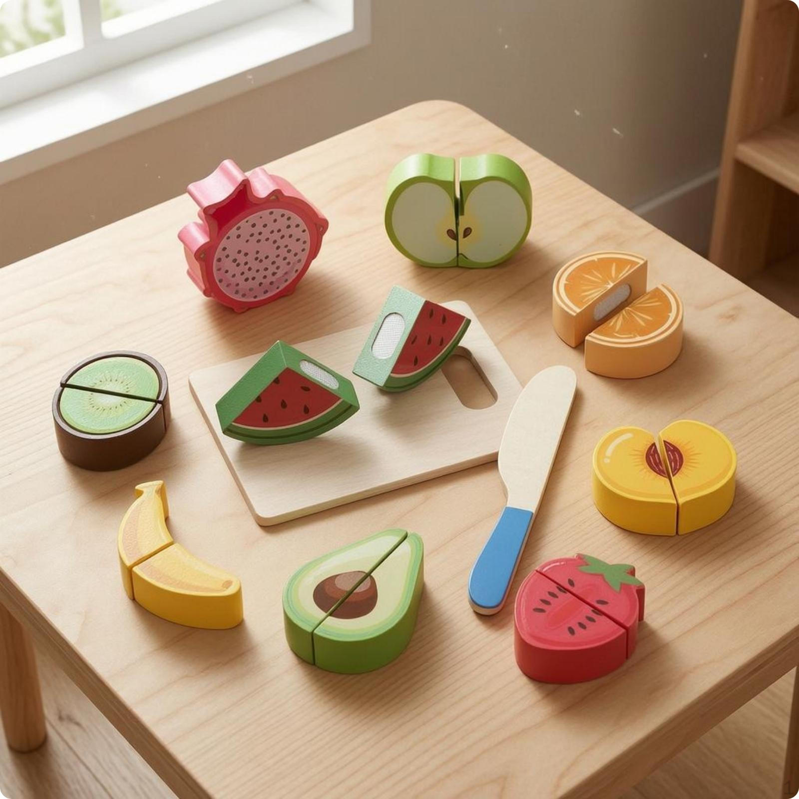 Wooden Cutting Toy Brightly Colored Pretend Slicing Set Painted Board