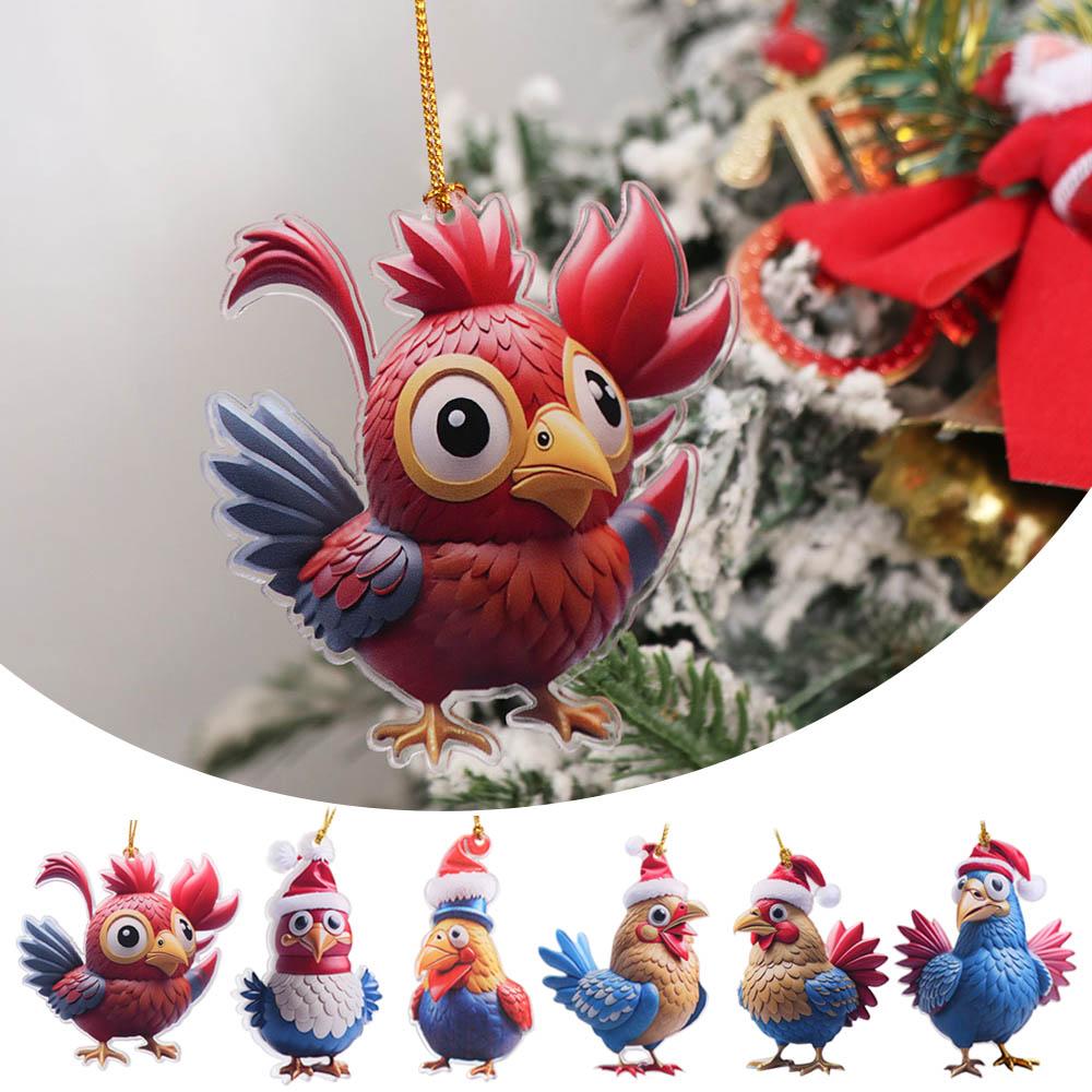 2D Christmas Rooster Ornament Cartoon Car Chicken Pendants Flat Rooster Pendant  Party Supplies