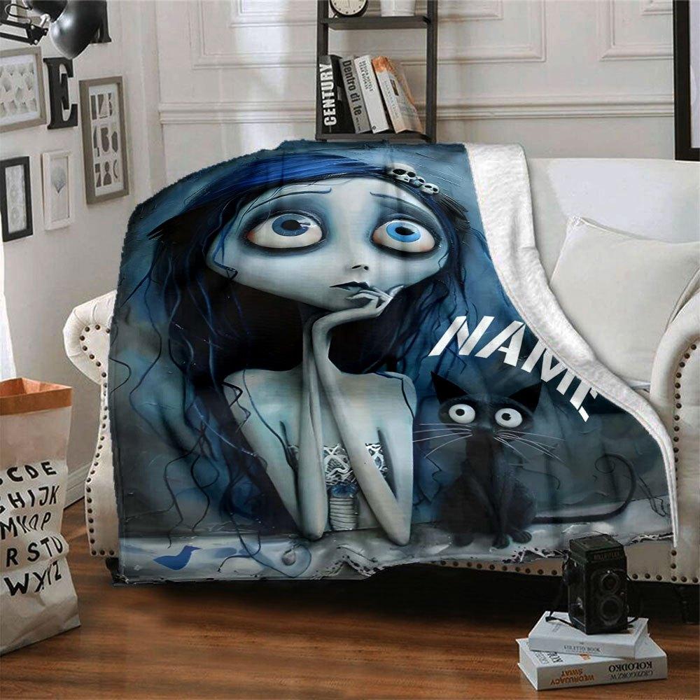 Blue Haired Gothic Beauty With Black Cat Multi Purpose Customizable Blanket Personalized Text Soft Warm Cozy Versatile For Sofa Couch Office Bed