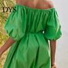 Puff Sleeve Midi Dress Women Off Shoulder Short Bubble Elastic Cuff Pleated Loose Solid Color Side Pockets Vacation Beach