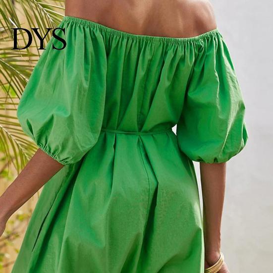 Puff Sleeve Midi Dress Women Off Shoulder Short Bubble Elastic Cuff Pleated Loose Solid Color Side Pockets Vacation Beach