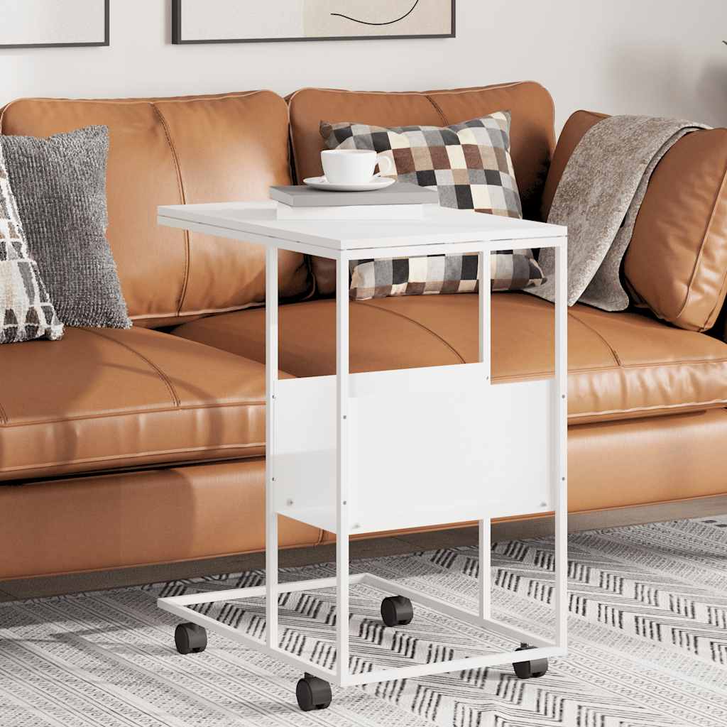 Side Table with Casters White 55 x 36 x 63.5 cm Engineered Wood