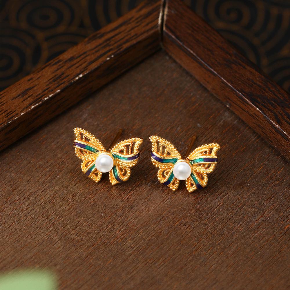 925 Sterling Silver Chinese-Style Butterfly Pearl Earrings with Enamel Color