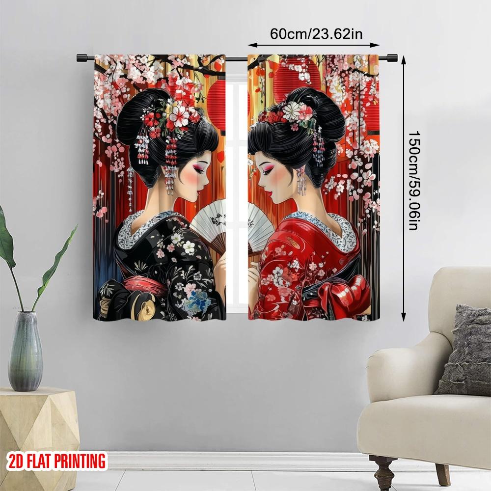 2pcs,2D Plane Printing Curtains Geisha Elegance Versatile Durable Polyester (without Rod) All Seasons Perfect for Bedroom,