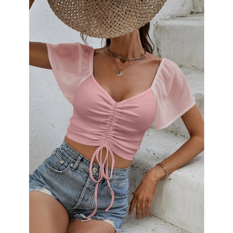 

Летняя темпераментная шифоновая рубашка с короткими рукавами и глубоким вырезом, сексуальная, с завязками на шнурке, облегающая рубашка M розовый