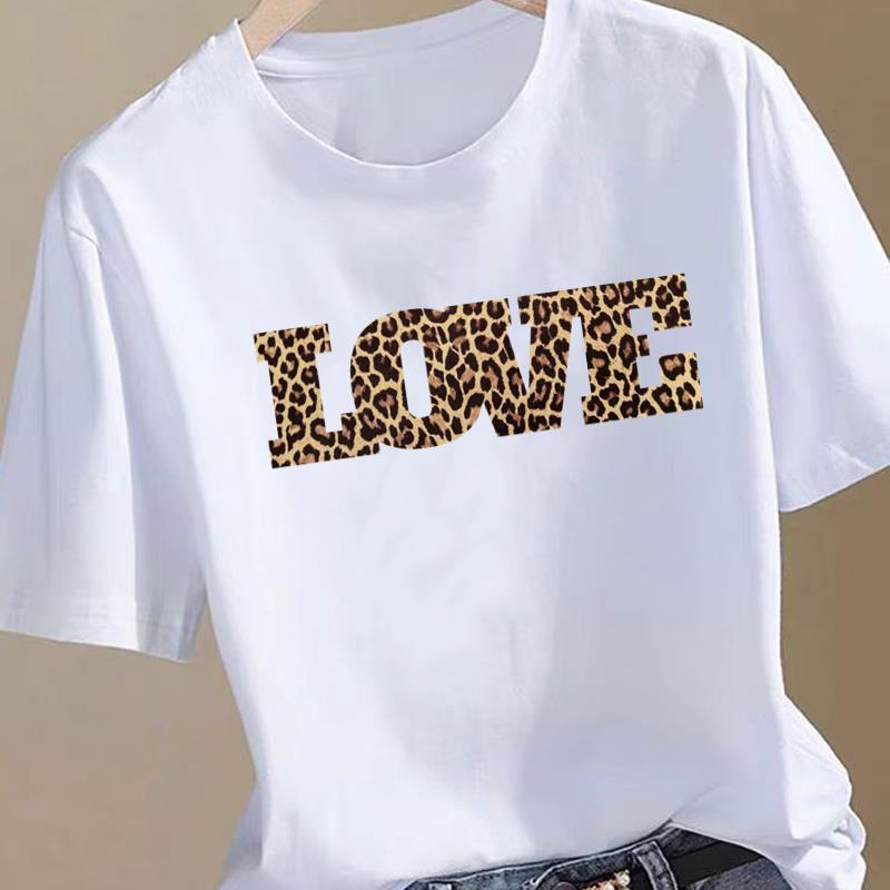 (Asian Size) leopard letter 90s Clothing T Shirt Women Fashion Tee Top Woman Female Short Sleeve Graphic Print T-shirts